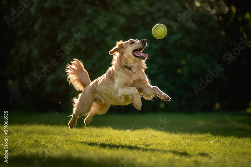 Canvastavla Golden retriever dog jumping happily in the air catching a ball - Generative AI