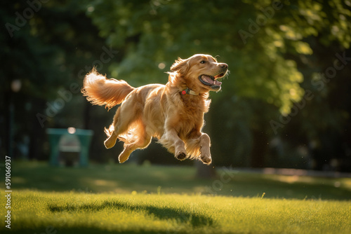 Golden retriever dog jumping happily in the air catching a ball - Generative AI