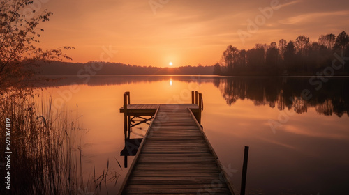 Sunset scene of a dock leading towards glassy lake - Generative AI © Luca