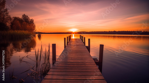 Sunset scene of a dock leading towards glassy lake - Generative AI