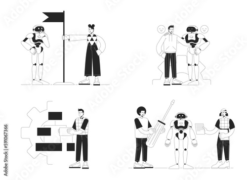 Develop artificial intelligence technologies black and white concept vector spot illustration pack. Editable 2D flat monochrome cartoon characters for web design. Line art ideas for website, mobile