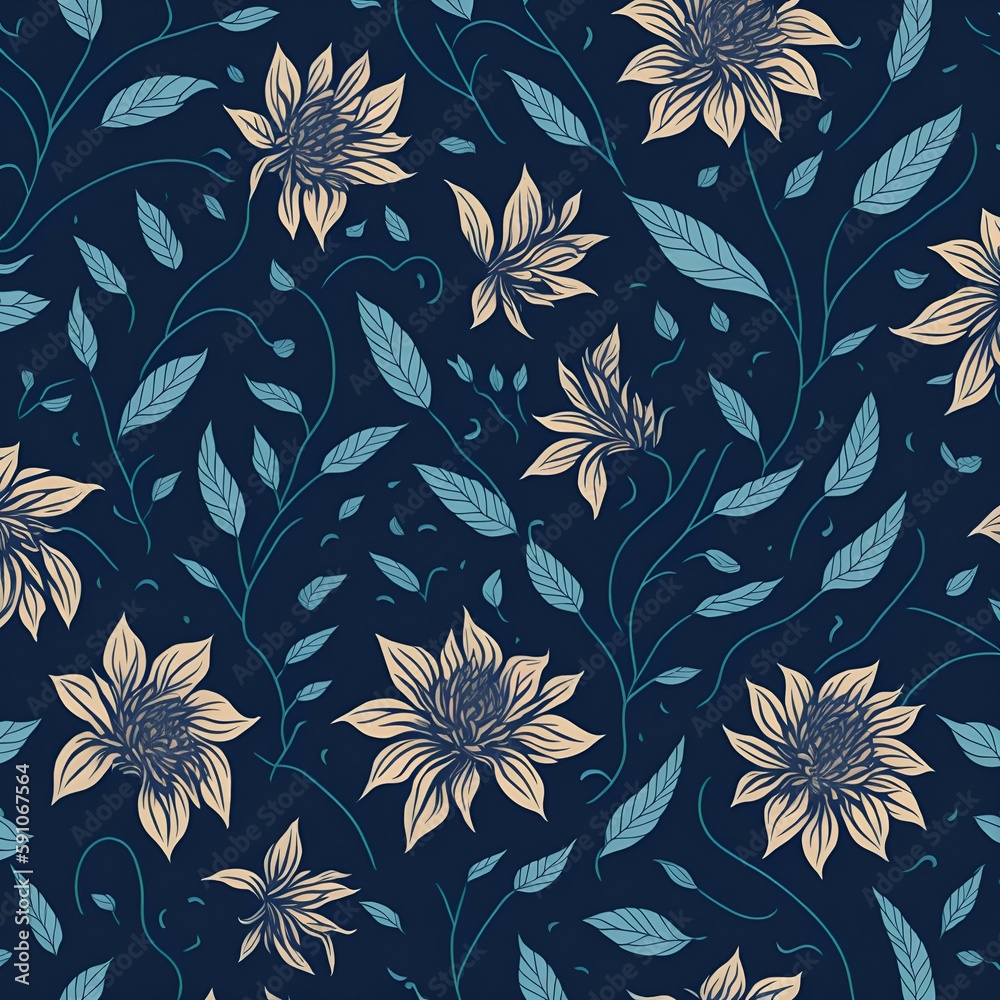 Seamless pattern with flowers on a dark blue background created by generative ai Seamless pattern with flowers on a dark blue background created by generative ai