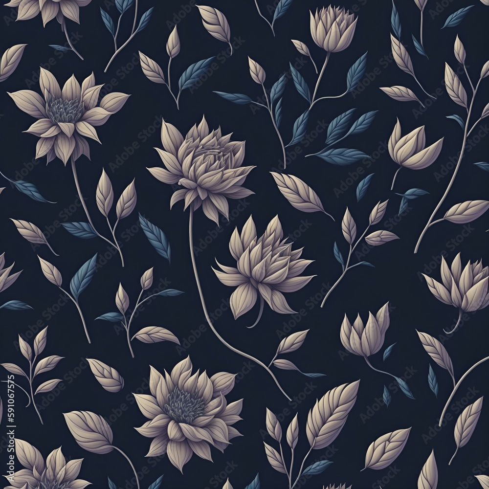 Fototapeta premium Seamless pattern with flowers on a dark blue background created by generative ai