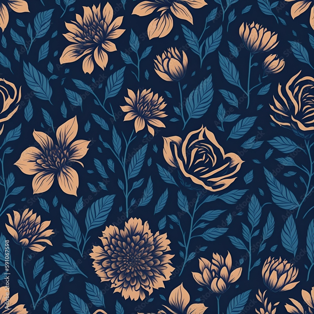 Seamless pattern with flowers on a dark blue background created by generative ai Seamless pattern with flowers on a dark blue background created by generative ai