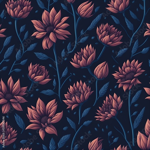 Seamless pattern with flowers on a dark blue background created by generative ai