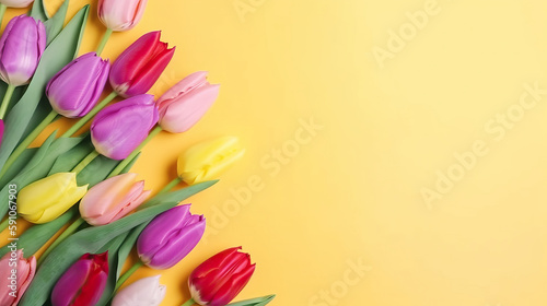 Spring flowers bouquet of tulips on a yellow background top view in flat lay style. Greeting for Womens or Mothers Day or Spring Sale Banner. Generative AI