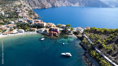 Aerial view of the coastal town in the Ionian Islands, Greece during summer