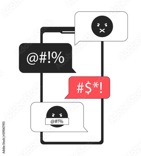 Smartphone with hate messages black and white concept vector spot illustration. Editable 2D flat monochrome cartoon object for web design. Cyber bullying line art idea for website, mobile, blog