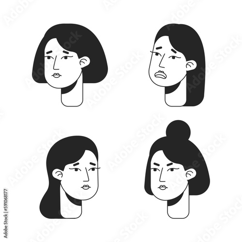 Women expressing disappointment monochromatic flat vector character faces pack. Black and white avatar icons. Editable cartoon user portraits. Hand drawn spot illustrations for web graphic design