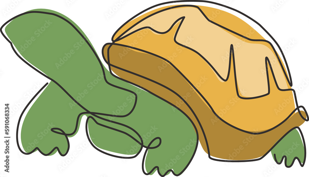 Obraz premium One single line drawing of big land tortoise for social company logo identity. Adorable creature reptile animal mascot concept for conservation foundation. Continuous line draw design illustration