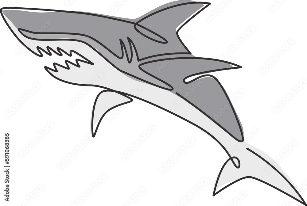 Fototapeta premium Single continuous line drawing of aggressive shark for nature adventure company logo identity. Wildlife sea fish animal concept for safe ocean organization mascot. One line draw design illustration