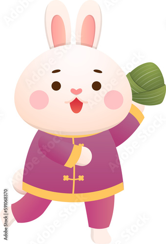 Cute rabbit and Chinese Dragon Boat Festival traditional food Zongzi, glutinous rice food wrapped in bamboo leaves