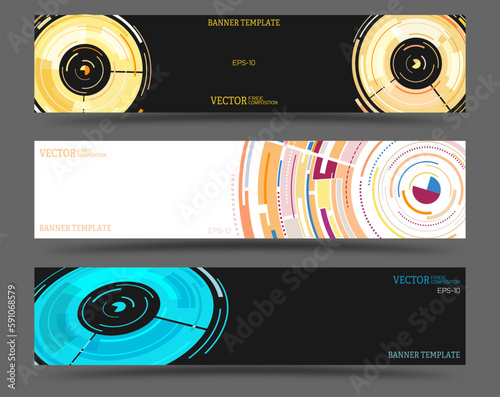 A set of colored banners with geometric elements. Creative template for posters, web design