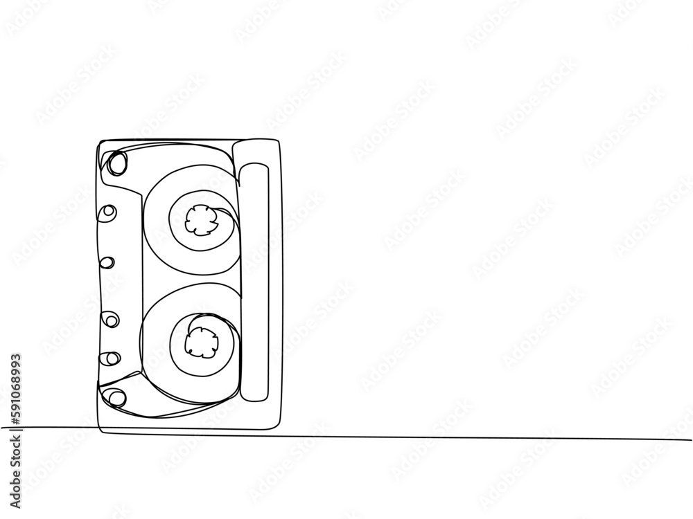 Audio cassette, tape one line art. Continuous line drawing of play, tape, song, cassette, audio, fix, group, classic, music, multimedia, strip, retro, reel, vintage, nostalgia, 80s, disco, 90s