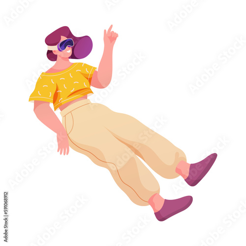 Virtual reality glasses and interaction with metaverse computer generated environment and locations. Isolated woman in VR goggles. Vector in flat cartoon illustration