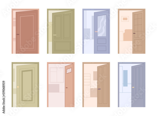 Doors variety, isolated assortment of entrances to apartments or buildings. Wooden entryway and decorative handle. Vector in flat cartoon illustration