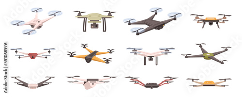 Drones collection, isolated assortment of unmanned aerial vehicles. Flying aircraft with camera and wings, civil usage. Vector in flat cartoon illustration