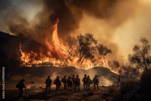 US Firefighters in Action, Forest Fire, Generative AI © PixelGallery