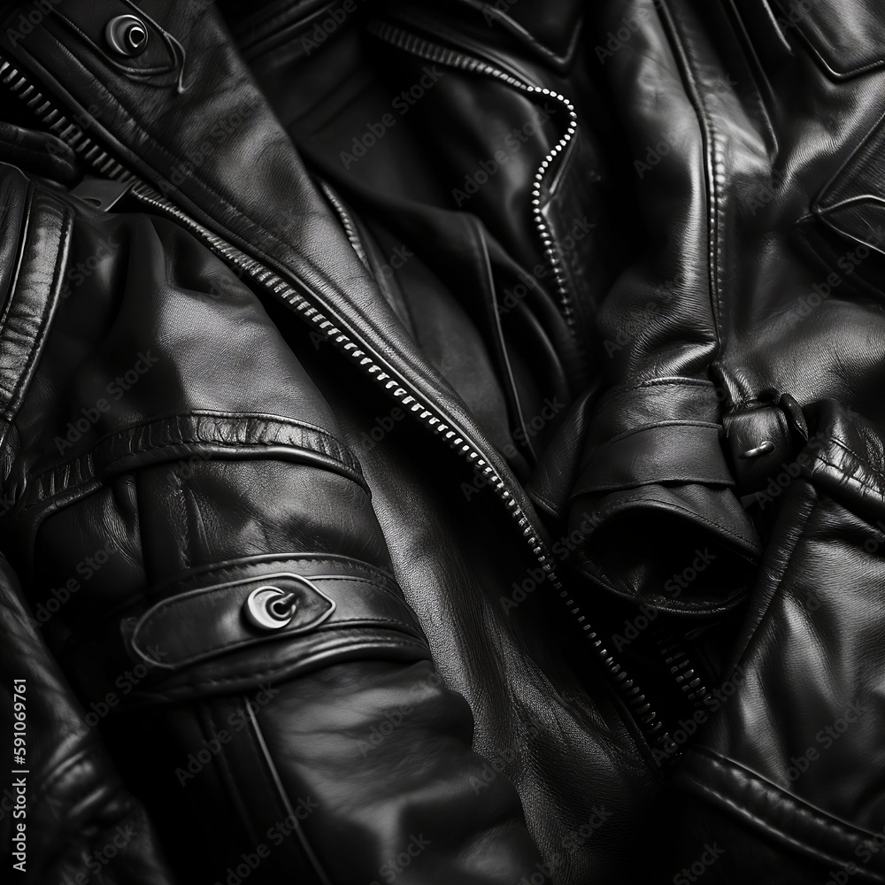 Close up of a black leather jacket.
Created using generative AI. Close up of a black leather jacket.
Created using generative AI.