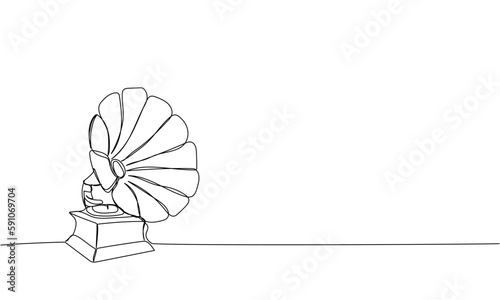 Gramophone one line art. Continuous line drawing of listen, instrument, volume, music, record, retro, vintage, vinyl, phonograph, player, studio, turntable, disc, speaker, radio, antique, sound