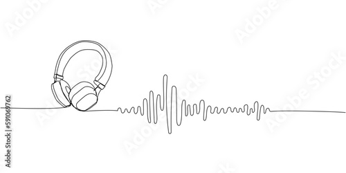 Listening to music set one line art. Continuous line drawing of music, headphones, music waves, headset, earphones, sound, audio, hear, dj, listen, listening, ear, electronic, mobile, relax, radio