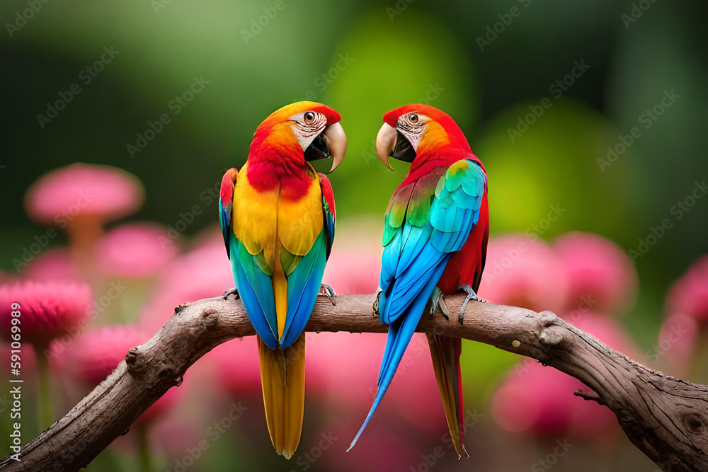 Moment of tenderness between a pair of birds, Macaw parrot bird in tropical forest Generative AI