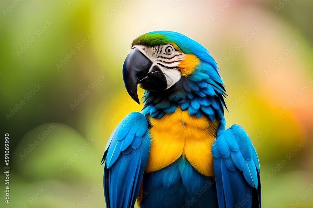 Naklejka premium Macaw parrot bird in tropical in action, Generative AI