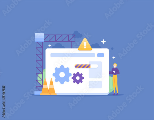 Website Maintenance and Repair. the process of developing and updating the system on the website and software. website developer. troubleshooting and technology. illustration concept design. vector