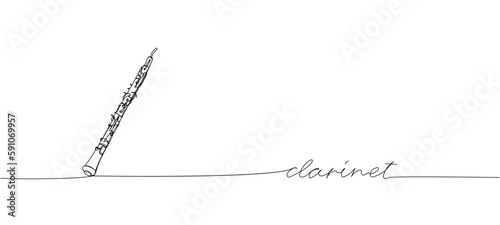Clarinet one line art. Continuous line drawing of wind, symphony, retro, clarinet, bass, oboe, sax, music, flute, jazz, orchestra, horn with an inscription, lettering, handwritten.