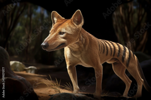 A generative AI image of an extinct australian Thylacine, also called a Tasmanian Tiger photo