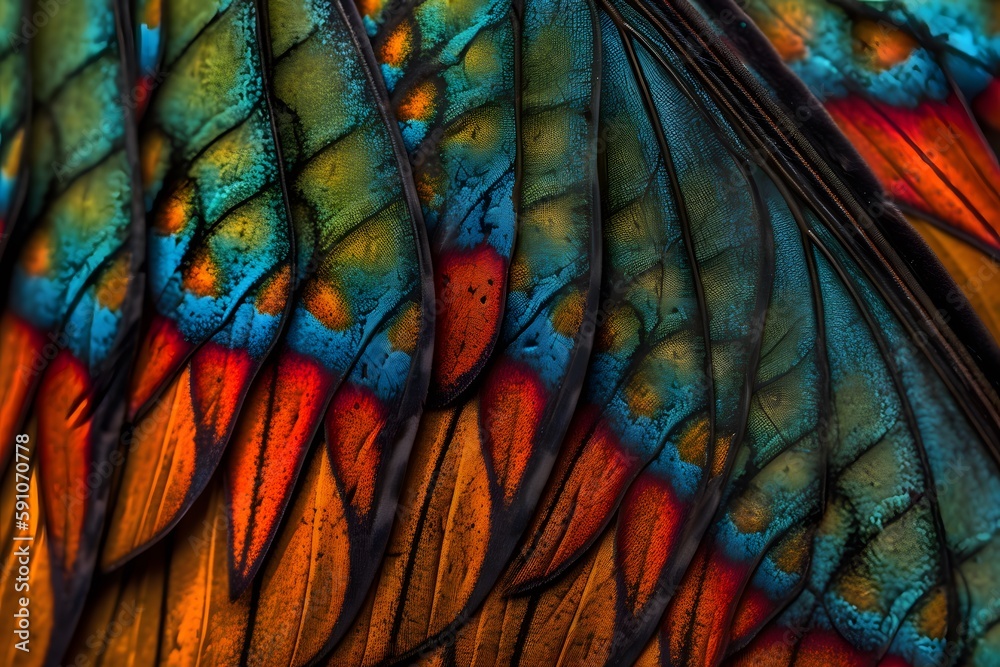 A close-up of a butterfly's wing pattern in vibrant colors, with intricate details and textures. Generative ai. A close-up of a butterfly's wing pattern in vibrant colors, with intricate details and textures. Generative ai.