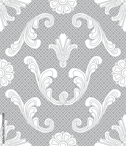 Vector seamless pattern with monochrome baroque doodle elements on a damask background
