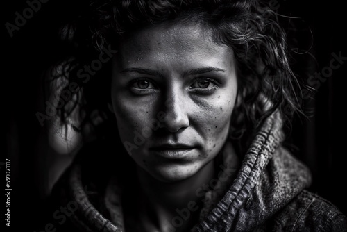 A dramatic and moody black and white portrait of a person with striking features, expressing emotion and personality. Generative Ai. Woman in stressful situation