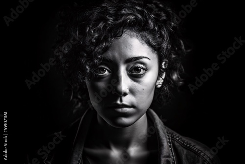 A dramatic and moody black and white portrait of a person with striking features  expressing emotion and personality. Generative Ai. Woman in stressful situation