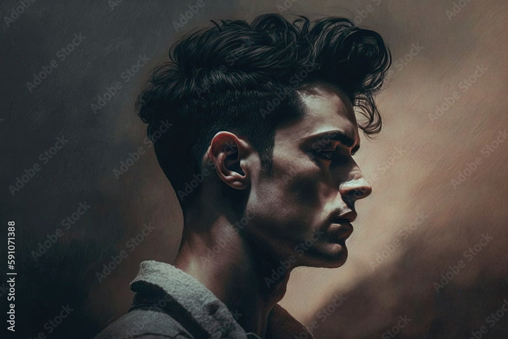 young man in side profile, he has black hair created with Generative AI