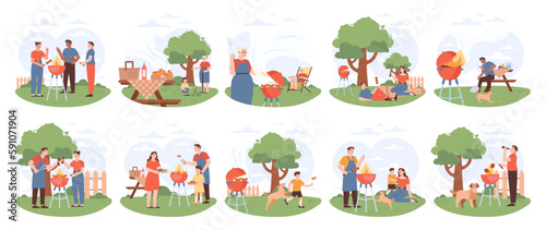 BBQ party set. Different group of characters grilling meat and vegetables