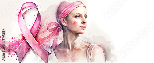 pink awareness ribbon in watercolor style , Generative Ai photo