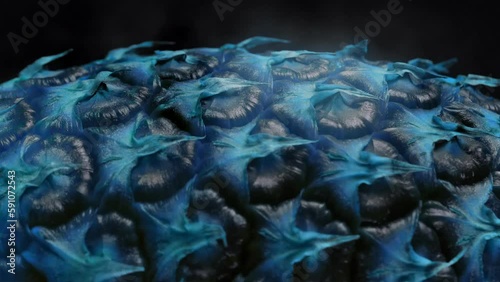 A rotating frozen pineapple with a condensation vapor effect and frosty colors on the underside against a black background.