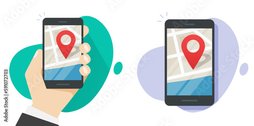 Cell phone map gps pin pointer geotag location icon vector, parson man hand cellphone geo tag mobile app marker on screen graphic flat, travel position on city in smartphone navigator image