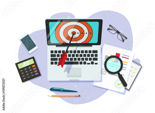 Target aim business strategy success reach vector flat graphic design, audit check research project earnings revenue sales kpi, digital marketing strategic concept, find analysys good solution image photo