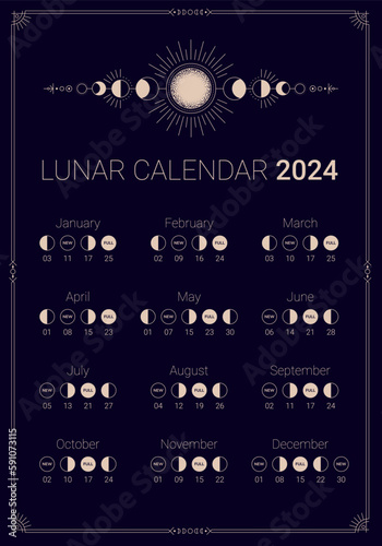 2024 year lunar calendar on dark night sky backdrop. Year cycle planner, astrological scheduler, moon lunar phases banner, poster, card design template vector illustration