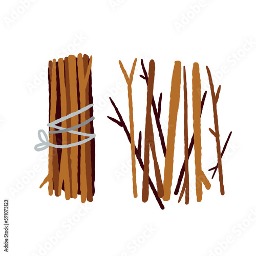 Bundle of firewood. Sticks for lighting a fire. Rustic element isolated on white