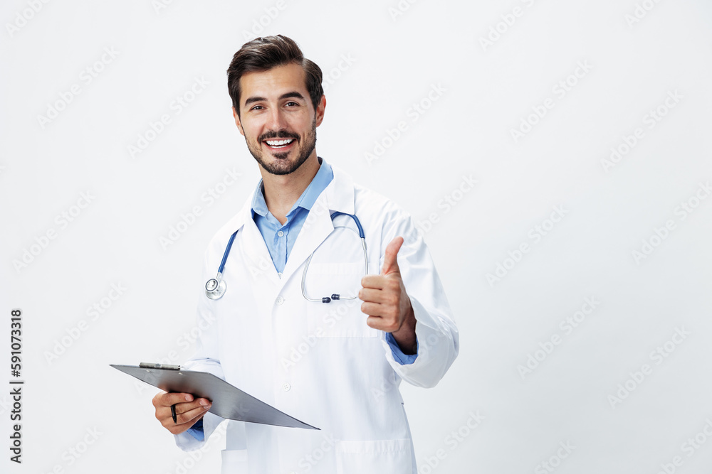 Man doctor in white coat with stethoscope and folder for notes and patient records smile and good test results look into camera on white isolated background, copy space, space for text, health Man doctor in white coat with stethoscope and folder for notes and patient records smile and good test results look into camera on white isolated background, copy space, space for text, health