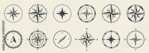 Compass Equipment Navigation Silhouette Icon Set. Retro Rose Wind Glyph Pictogram. Adventure Direction to North South West East Icon. Cartography Navigator Pointer Sign. Isolated Vector Illustration