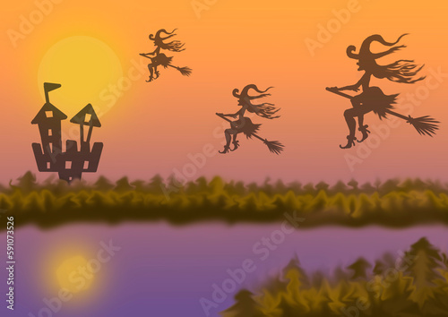 Illustration for the Halloween holiday where there is forest, water in lake or river, moon or the sun, black castle and crowd witchs flying on broom in sky. Abstract background with copy space