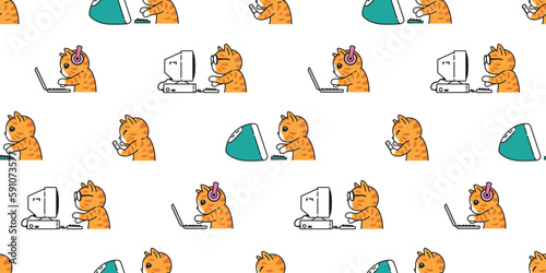 cat seamless pattern kitten working calico neko pc computer laptop notebook pet smart phone doodle vector pet cartoon gift wrapping paper tile background repeat wallpaper illustration design