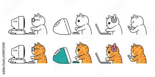 cat vector black kitten working icon neko calico pc computer laptop notebook pet smart phone character cartoon symbol tattoo stamp scarf illustration design isolated
