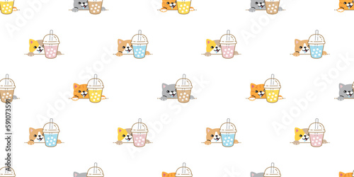 cat seamless pattern kitten boba tea bubble milk tea drink neko calico vector pet cartoon gift wrapping paper tile background repeat wallpaper doodle scarf isolated illustration design