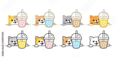 cat vector kitten icon boba tea bubble milk tea drink coffee neko calico pet character cartoon symbol tattoo stamp scarf illustration design isolated
