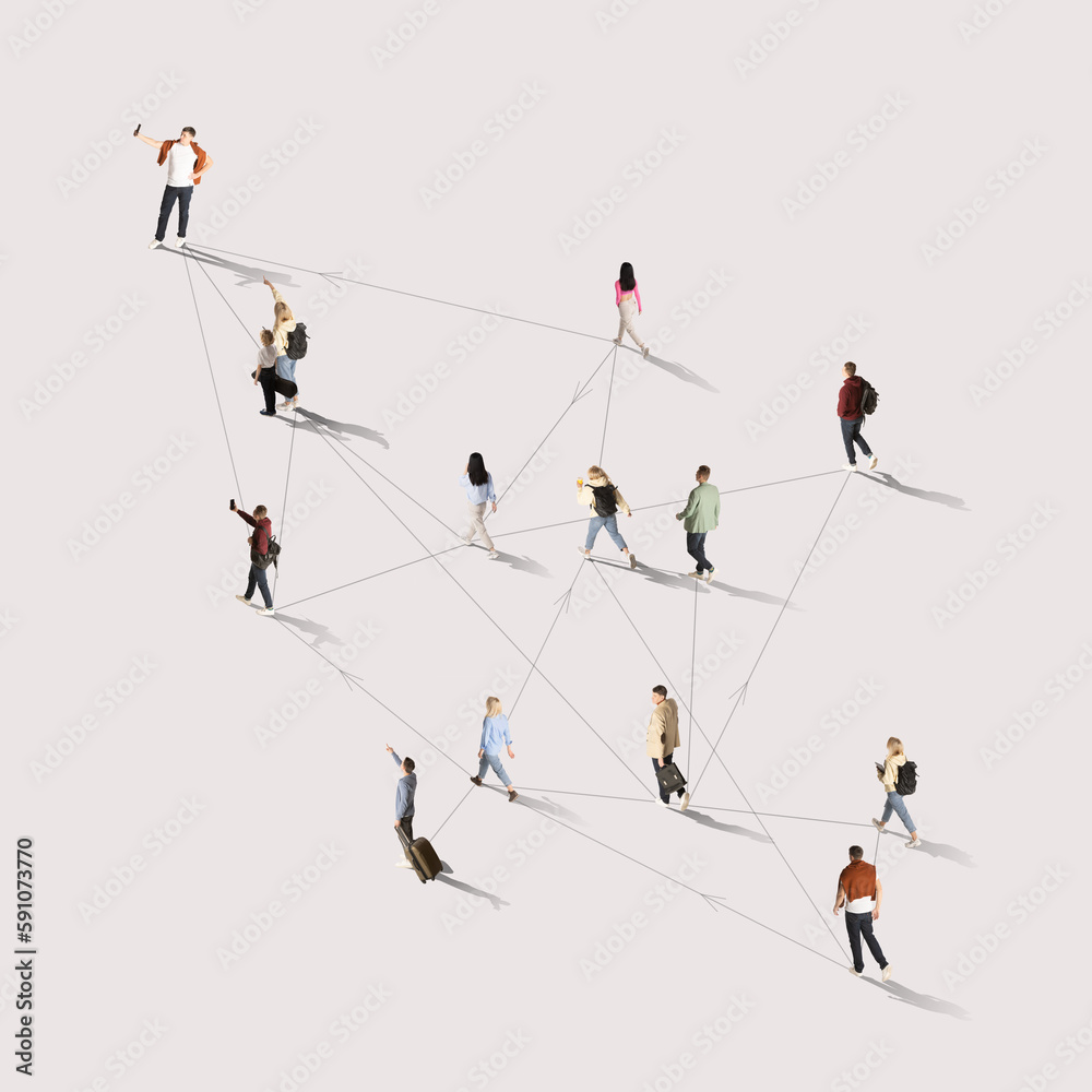 Aerial view on crowd of different people of diverse age and gender connected with social media lines against white background. Concept of human cooperation, online technologies, modern lifestyle Aerial view on crowd of different people of diverse age and gender connected with social media lines against white background. Concept of human cooperation, online technologies, modern lifestyle